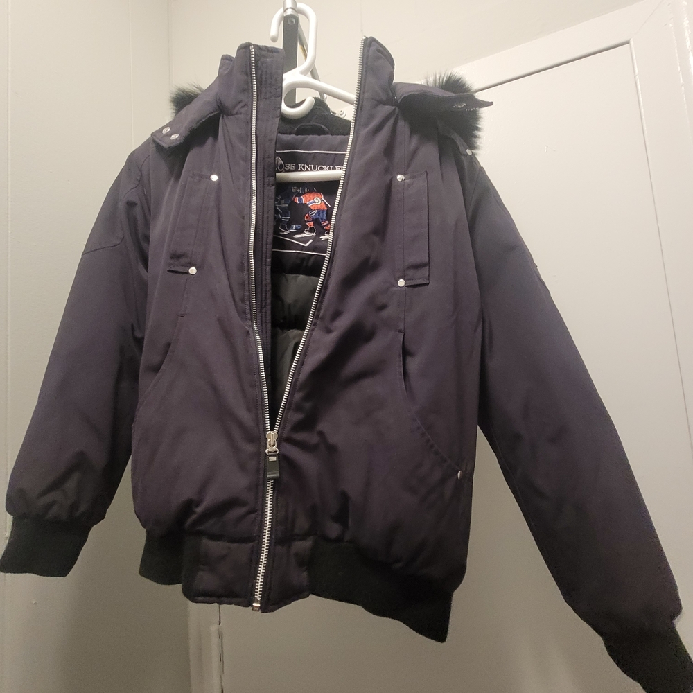 Moose Knuckles Black Jacket with Embroidered Hockey Design